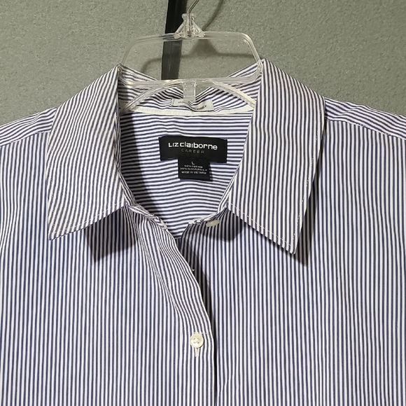 LIZ CLAIBORNE Career Wrinkle Free Blue & White Striped Long Sleeve Blouse Size L - Picture 2 of 13